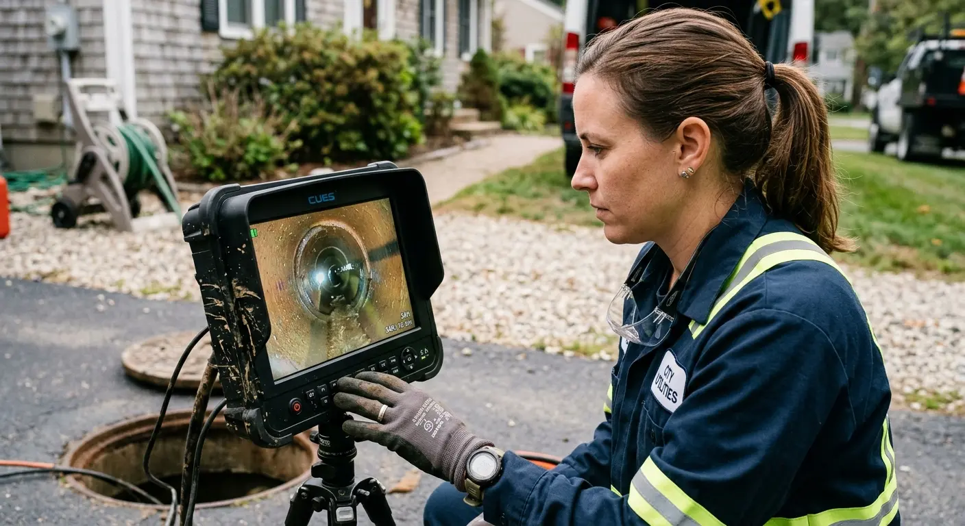 Technician reviewing sewer camera inspection footage in West Windsor