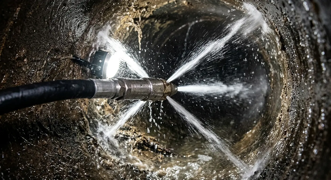 High-pressure hydro jetting nozzle cleaning sewer pipe for Trenchless Sewer Repair in West Windsor