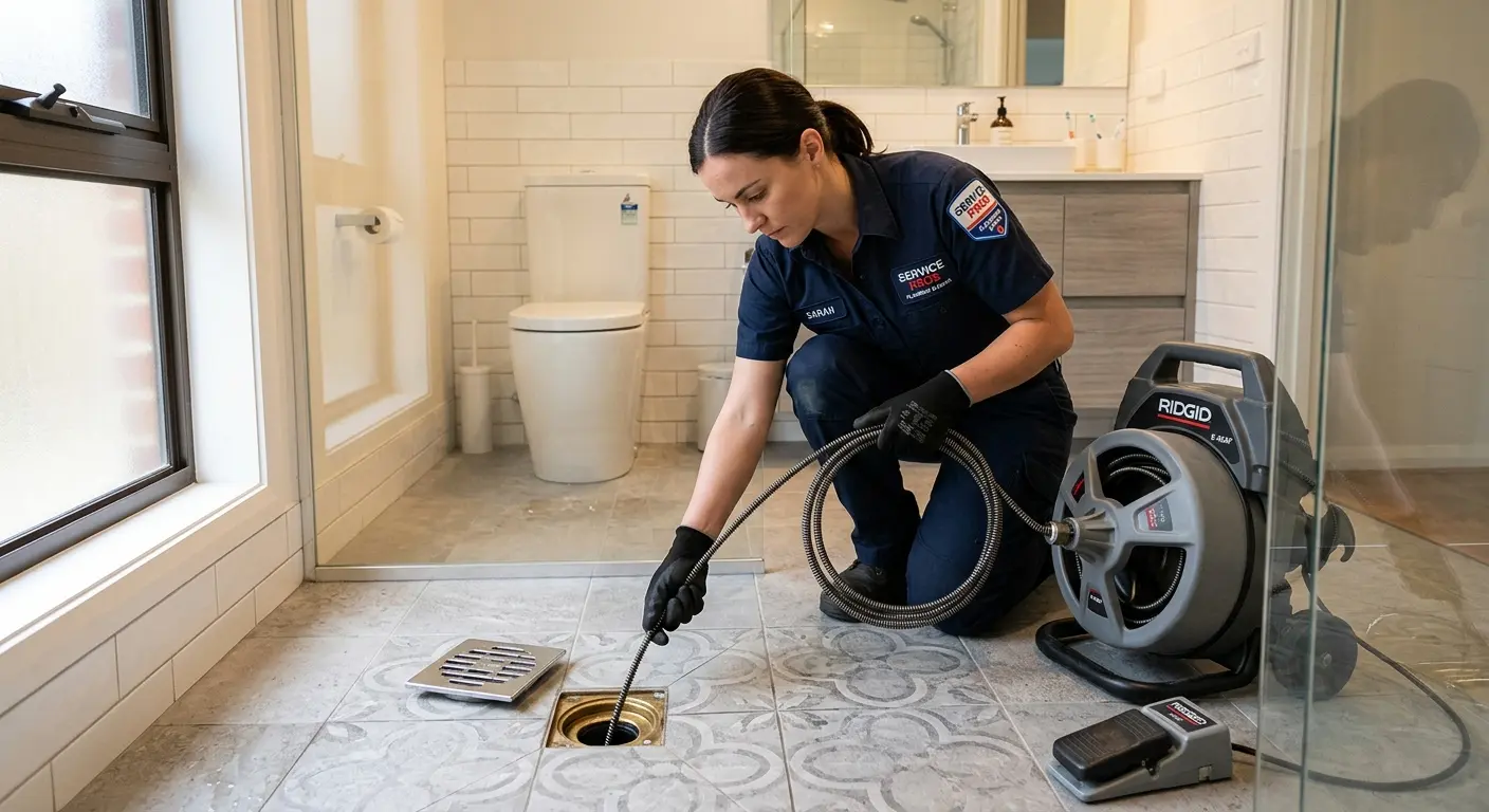 Technician clearing a bathroom floor drain for Drain Repair in West Windsor